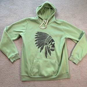 Skull Headdress Mens XL Green Graphic Fleece Pullover Hoodie Native American